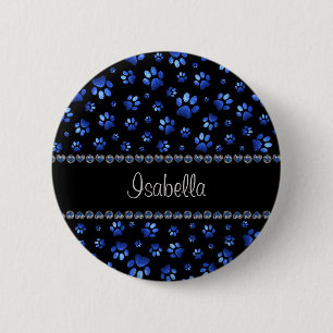 Benutzerdefinierter Name, blaue glitzernde Hundepf Button