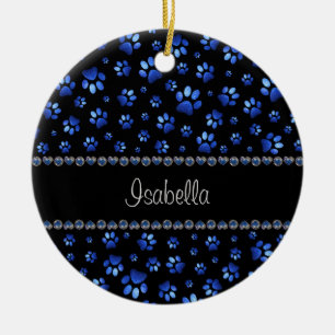 Benutzerdefinierter Name, blaue glitzernde Hundepf Keramik Ornament