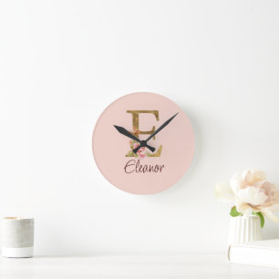 Benutzerdefinierter Name Buchstabe E Goldfolie Blu Runde Wanduhr