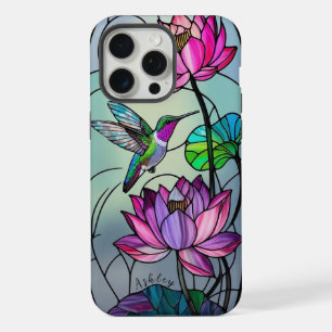 Benutzerdefinierter Name Buntglas Blumenkolibri iPhone 15 Pro Max Hülle