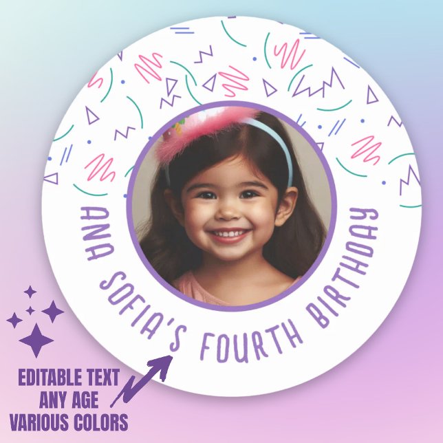 Benutzerdefinierter Name eines Fotos jedes Geburts Runder Aufkleber (Custom Photo Name Any Age Birthday 90s Pattern Classic Round Sticker.)