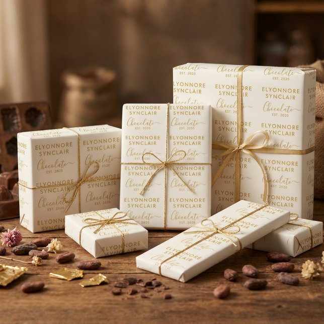 Benutzerdefinierter Name Est. Datum Gold Elfenbein Geschenkpapier (Von Creator hochgeladen)