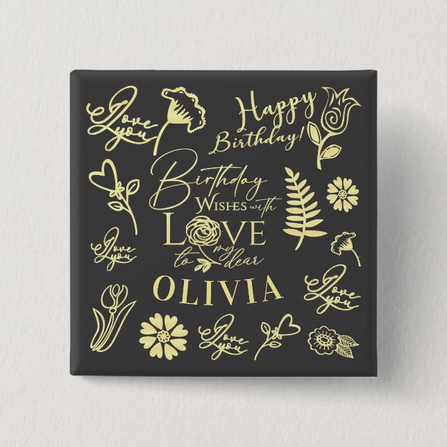 Benutzerdefinierter Name Florale Typografie Geburt Button (Vorderseite)