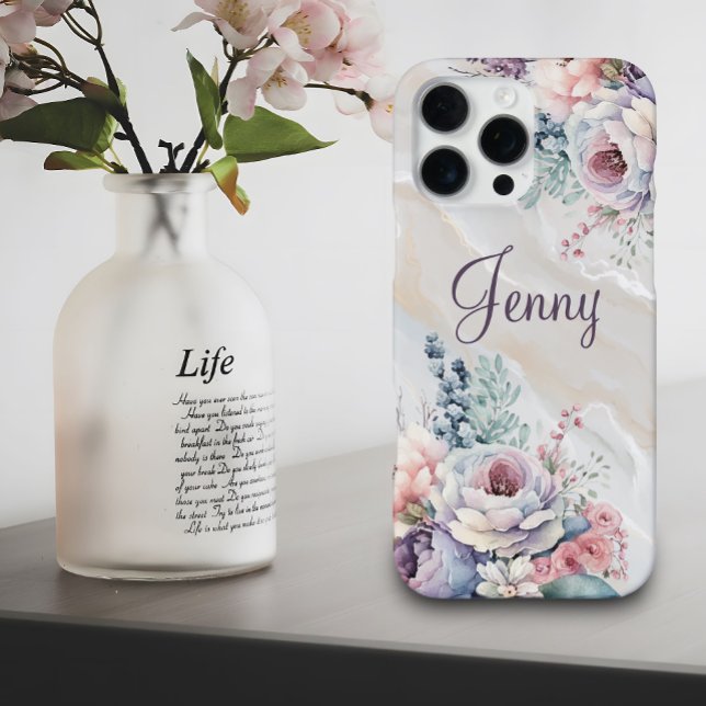 Benutzerdefinierter Name Marmor Blumen Personalize iPhone 16 Pro Max Hülle (Von Creator hochgeladen)
