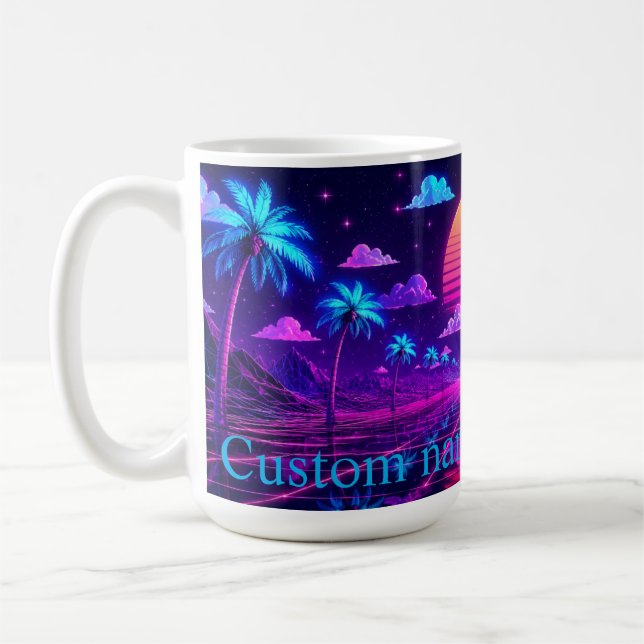 Benutzerdefinierter Name Neon Synthwave Morgen Kaf Kaffeetasse (Links)