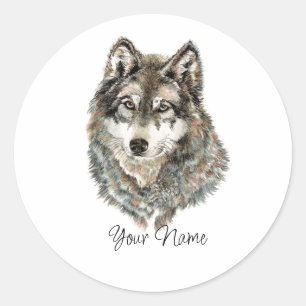 Benutzerdefinierter Name oder Text Wolf Aquarell T Runder Aufkleber