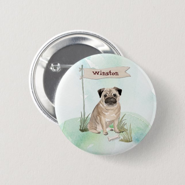 Benutzerdefinierter Name Pug Haustier Hund Button (Vorne & Hinten)
