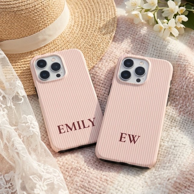 Benutzerdefinierter Name Rosa Gestreifter Brautjun Case-Mate iPhone Hülle (Custom Pink Striped iPhone 15 Case | Chic Bridesmaid Gift | Elegant Initials Pastel Pinstripe Case)