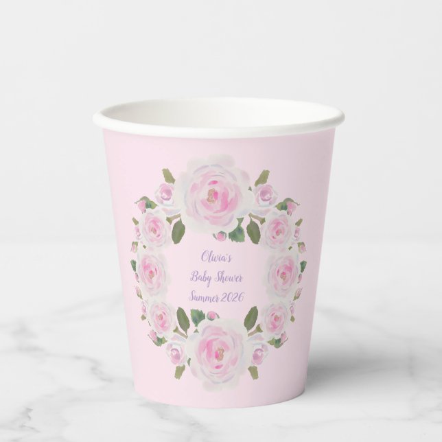 Benutzerdefinierter Name, rosa Rosen Papiertassen  Pappbecher (Vorderseite)