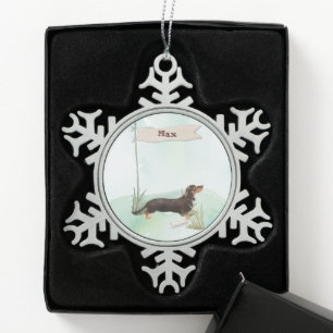 Benutzerdefinierter Name Schwarz & Tan Dachshund H Schneeflocken Zinn-Ornament