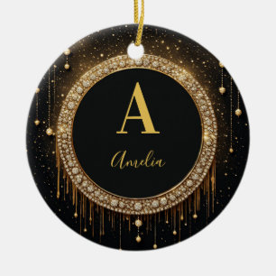 Benutzerdefinierter Name Schwarzer Glitter Monogra Keramik Ornament