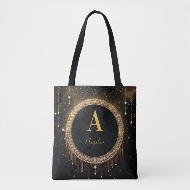 Benutzerdefinierter Name Schwarzer Glitter Monogra Tasche (Vorderseite)