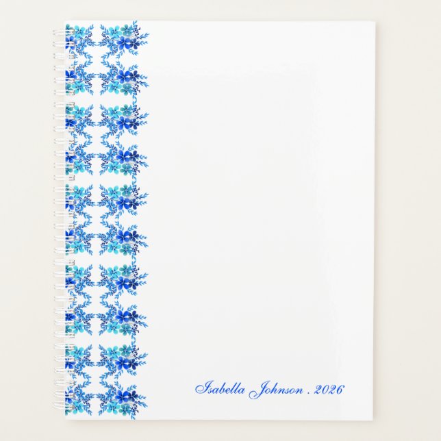 Benutzerdefinierter Name Wasserfarbe Blau Floral Planer (Vorderseite)