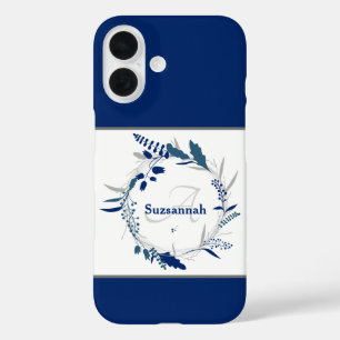 Benutzerdefinierter Namensmonogramm blauer Blumenk iPhone 16 Hülle