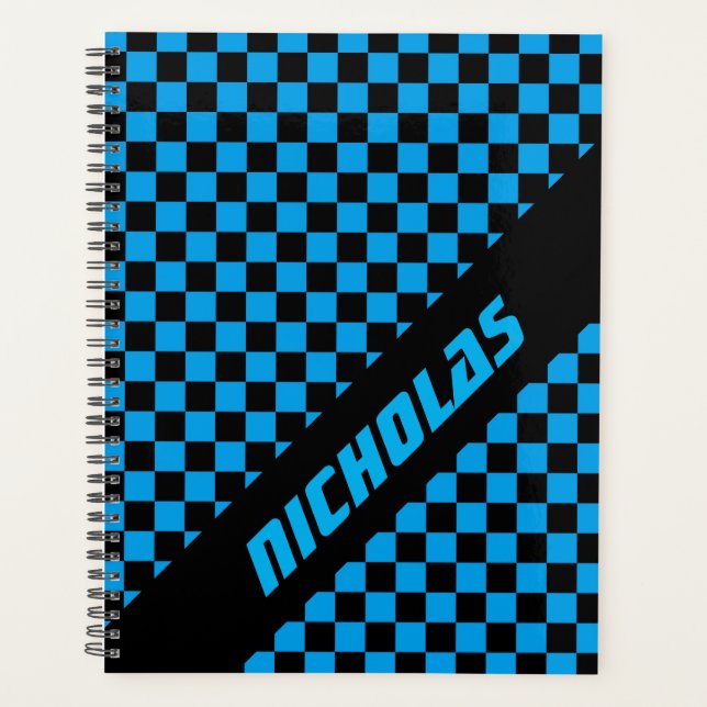 Benutzerdefinierter Neon Blue Checkered Musterplan Planer (Vorderseite)