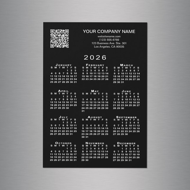 Benutzerdefinierter QR Code 2026 Kalender Schwarze Magnetkarte (Custom Business QR Code 2026 Calendar Black Magnet in situ)