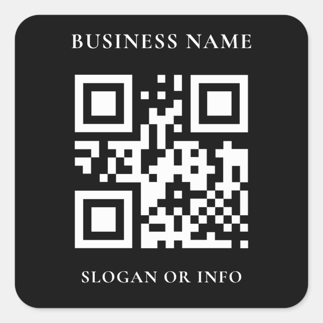 Benutzerdefinierter QR-Code Geschäftsname Schwarz Quadratischer Aufkleber (Vorderseite)