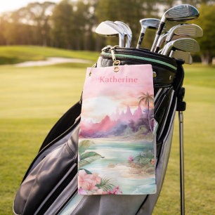 Benutzerdefinierter Rosa Tropischer Strand Name Golfhandtuch