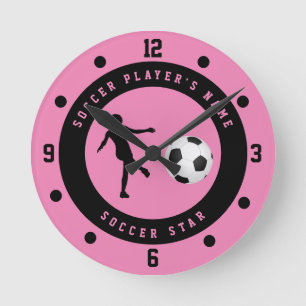 Benutzerdefinierter rosa und schwarzer Fußballstar Runde Wanduhr