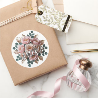 Benutzerdefinierter roségoldener floraler Monogram Runder Aufkleber