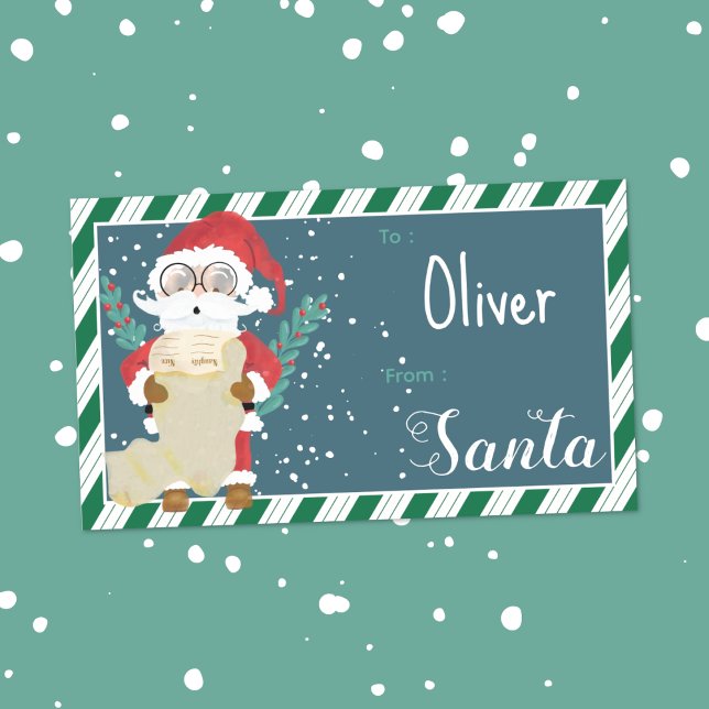 Benutzerdefinierter Santa Blue Kid Geschenk-Anhäng Rechteckiger Aufkleber (Cute Santa blue , green and white kid Christmas gift tag sticker with name .)