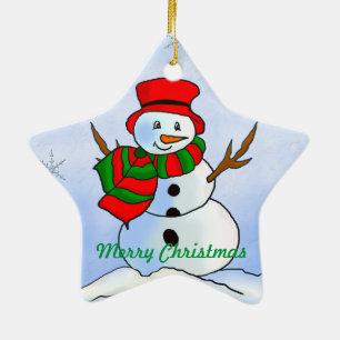 Benutzerdefinierter Schneemann auf blauem Hintergr Keramikornament