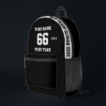Benutzerdefinierter schwarzer und weißer Name, Num Bedruckter Rucksack<br><div class="desc">Erstellen Sie Ihren eigenen schwarz-weißen Sport Football Style bedruckten Rucksack mit Name, Nummer, Teamname, Slogan und Jahr. Personalisieren Sie diese einfache, klassische gedruckte Rucksack-Vorlage mit Ihrer benutzerdefinierten Nachricht, Name, Teamname und Jahr. Einfach für einen coolen Sportgenuss personalisieren. Kreieren Sie Ihr einzigartiges personalisiertes Geschenk für Trainer, Geburtstag eines Jungen, Fußballspieler, Teamkollegen...</div>