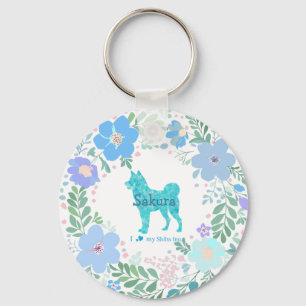 Benutzerdefinierter Shiba Inu - Pastellblaue Blume Schlüsselanhänger
