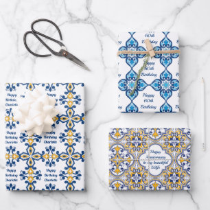 Benutzerdefinierter Text 💙 💛 3 Blaue und gel Geschenkpapier Set