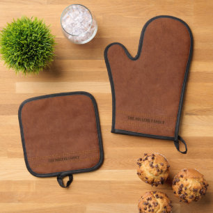 Benutzerdefinierter Text aus braunem Leder Ofenhandschuh & Topflappen-Set