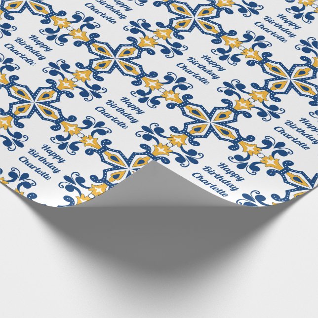 Benutzerdefinierter Text 💙 Azulejos (Blau und Gel Geschenkpapier (Ecke)