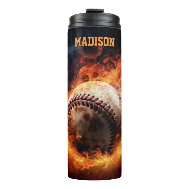 Benutzerdefinierter Text-Baseball auf Feuer Thermosbecher (Vorderseite)