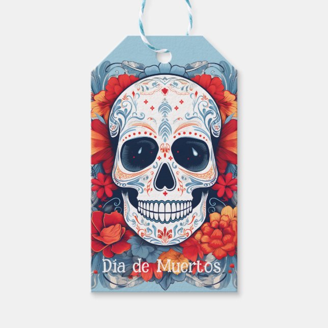 Benutzerdefinierter Text blau und rot Día de Muert Geschenkanhänger (Vorderseite)