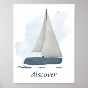 Benutzerdefinierter Text Blau Weiß Segelboot Meer Poster