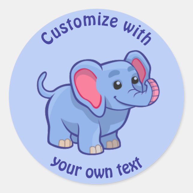 Benutzerdefinierter Text Cartoon Elephant Blau Runder Aufkleber (Vorderseite)