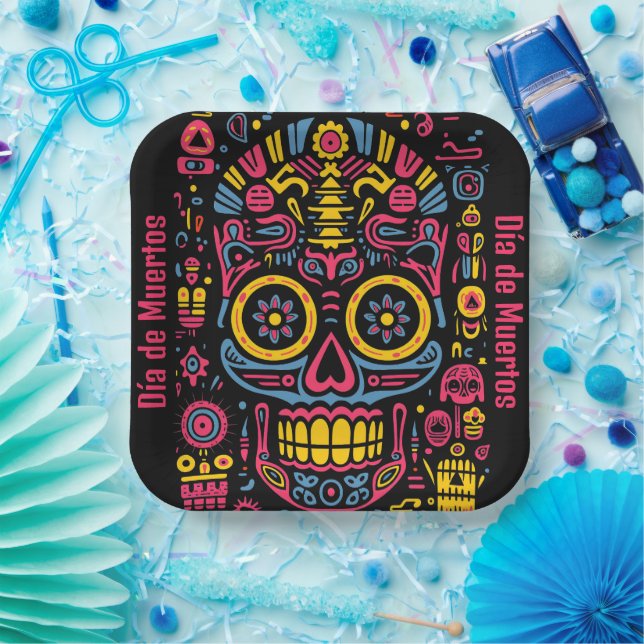 Benutzerdefinierter Text 💀 Doodstyle Día de Muert Pappteller (Party)