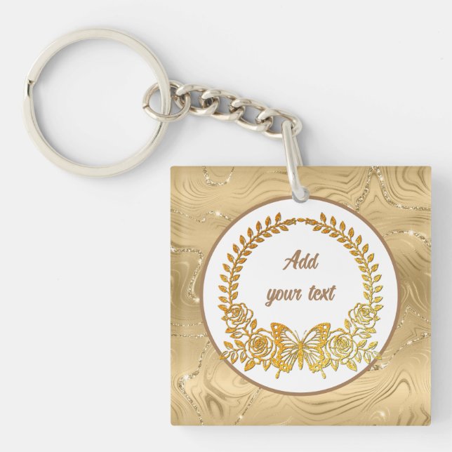 Benutzerdefinierter Text, eleganter Goldschmetterl Schlüsselanhänger (Vorderseite)