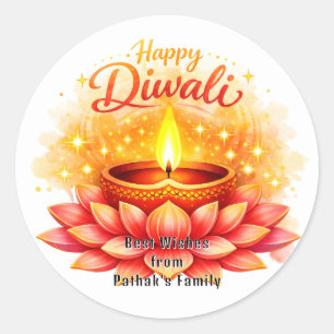 Benutzerdefinierter Text, Frohes Diwali Lotus Diya Runder Aufkleber