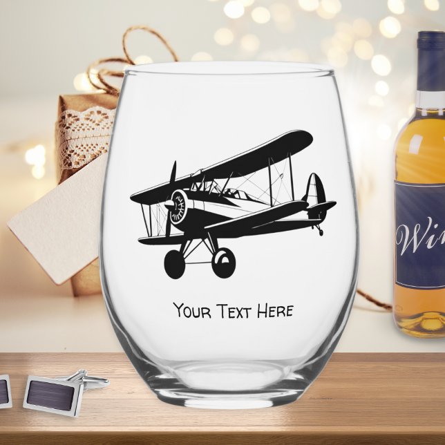 Benutzerdefinierter Text für die Silhouette von Re Weinglas Ohne Stiel (A stemless wine glass, with retro aeroplane picture and custom text, ideal for aircraft enthusiasts)