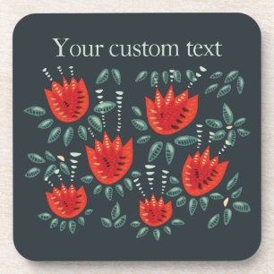 Benutzerdefinierter Text für Red Tulip Dark Floral Getränkeuntersetzer