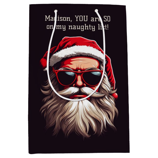 Benutzerdefinierter Text Grumpy Santa Mittlere Geschenktüte (Vorderseite)