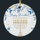 Benutzerdefinierter Text Hanukkah Harmony Ornament<br><div class="desc">Dieses wunderschöne Hanukkah Keramik Umkreis-Ornament, genannt "Hanukkah Harmony Ornament", ist eine perfekte Ergänzung zu Ihrem Urlaub Dekor. Die wunderschön gestaltete Menorah mit leuchtenden Kerzen, das Set vor tiefblauem Hintergrund, die Blätter- und Münzmuster in Blau- und Goldtönen verzieren. Das elegante Drehbuch "Happy Hanukkah" an der Spitze fügt eine festliche Touch hinzu,...</div>