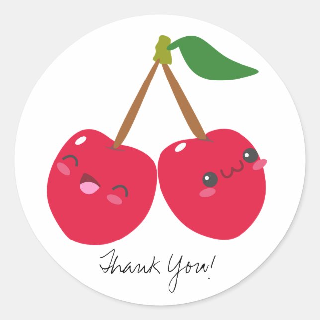 Benutzerdefinierter Text Kawaii Happy Red Cherries Runder Aufkleber (Vorderseite)