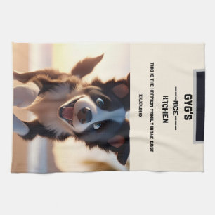 Benutzerdefinierter Text, niedlicher Schwarzweißhu Geschirrtuch