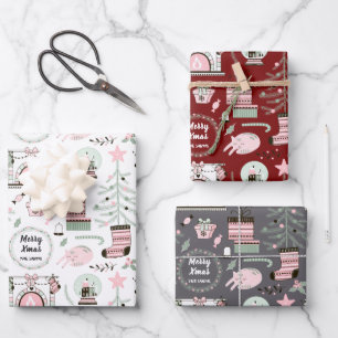 Benutzerdefinierter Text Niedliches Weihnachtsmust Geschenkpapier Set