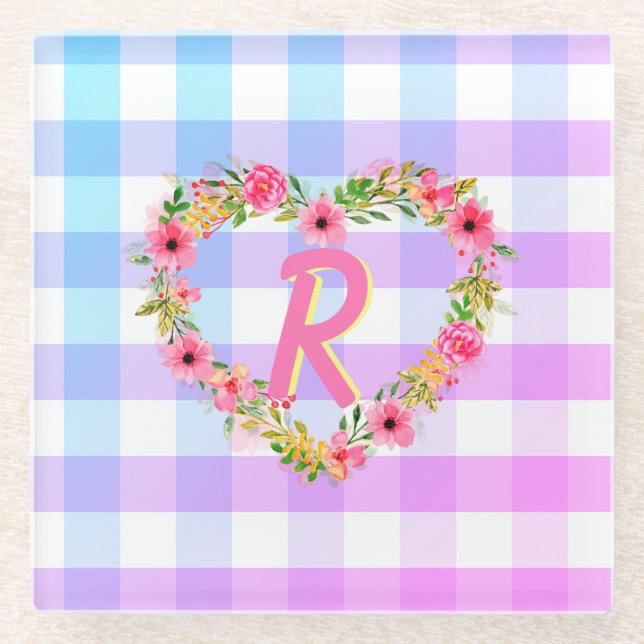 Benutzerdefinierter Text/ Pastell Gingham Blumenkr Glasuntersetzer (Vorderseite)
