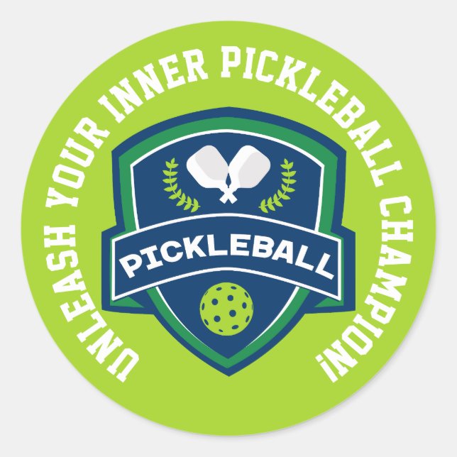 Benutzerdefinierter Text Pickleball grün und blau Runder Aufkleber (Vorderseite)