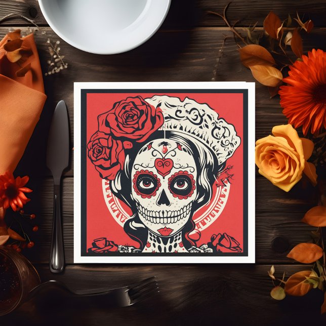 Benutzerdefinierter Text 💀 Pop Art Calavera Rot & Serviette (Custom text 💀 Pop Art Calavera red & white Napkins)