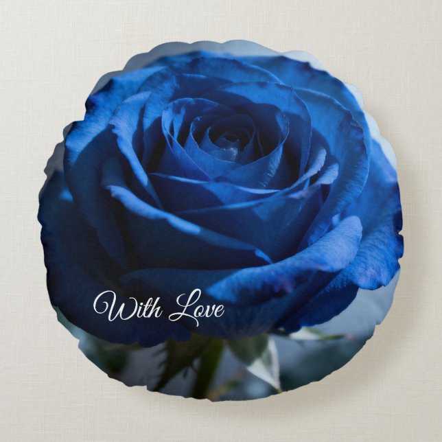 Benutzerdefinierter Text - Romantische blaue Rose  Rundes Kissen (Vorderseite)