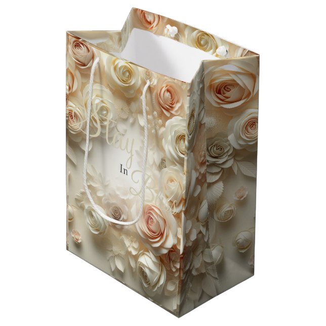 Benutzerdefinierter Text Romantische Blumenkunst m Mittlere Geschenktüte (Vorderseite Schrägansicht)